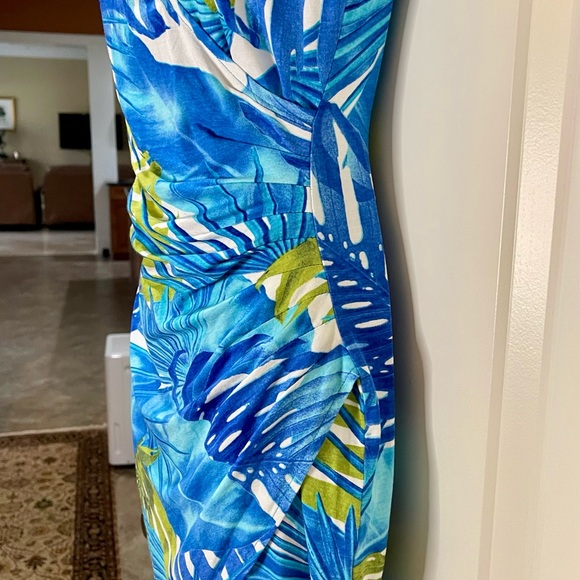 Cache Blue and Green Dress Tropical Leaf Ruched Bodycon Faux Wrap Size Small - Picture 3 of 9